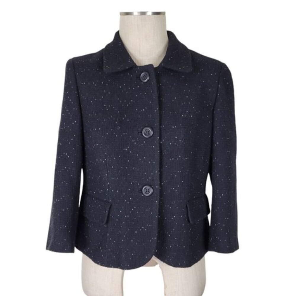 Ann Taylor Blazer Size 12 Black White Flecked 3/4 Sleeves Pockets Wool Blend